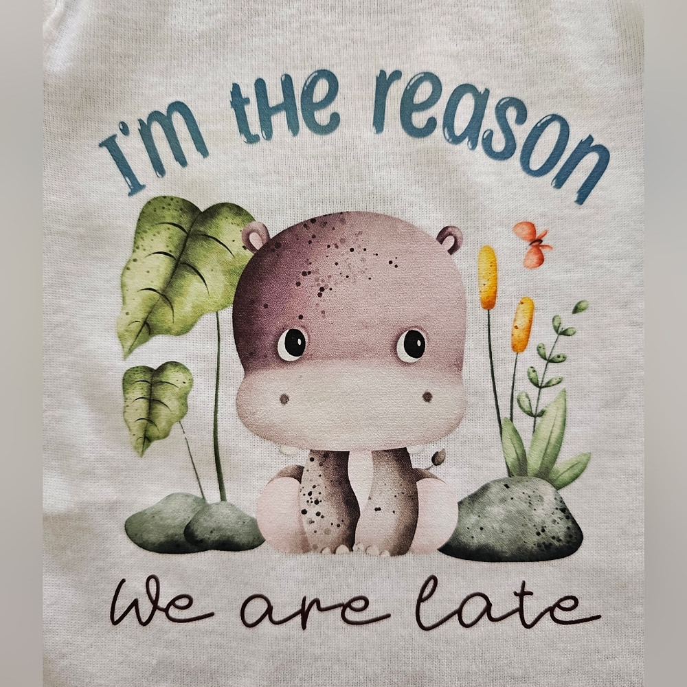 Gerber 6-9mos Baby Hippo Graphic Onesie: "Im the Reason We are Late"